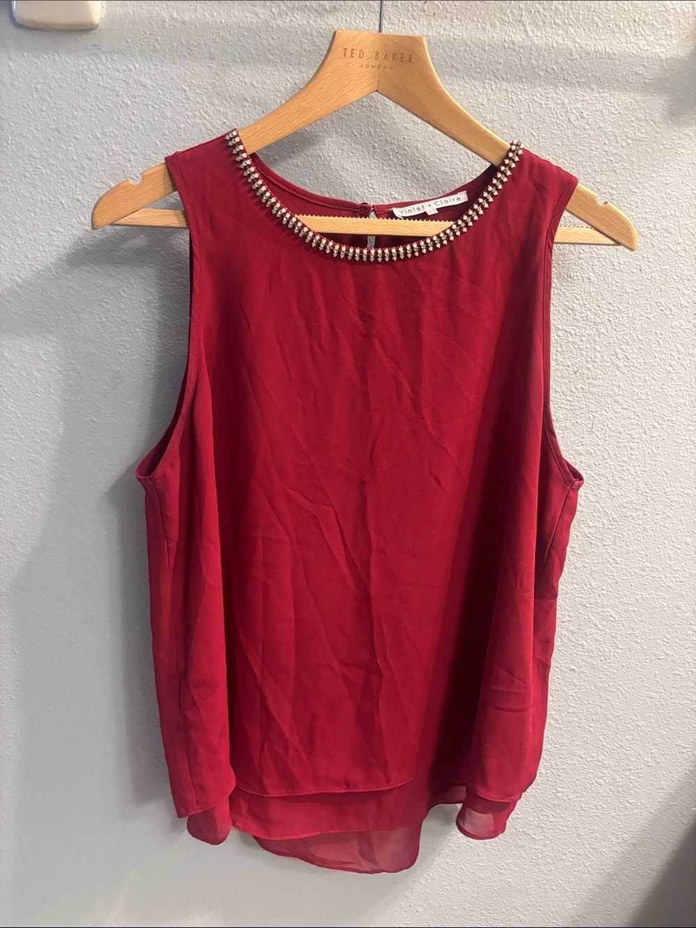 Violet & Claire Red Sleeveless Beaded Neckline Chiffon Camisole
